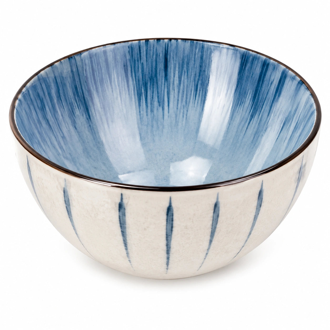Bol 15 cm en céramique bleu et blanc à motif rayé émaillé