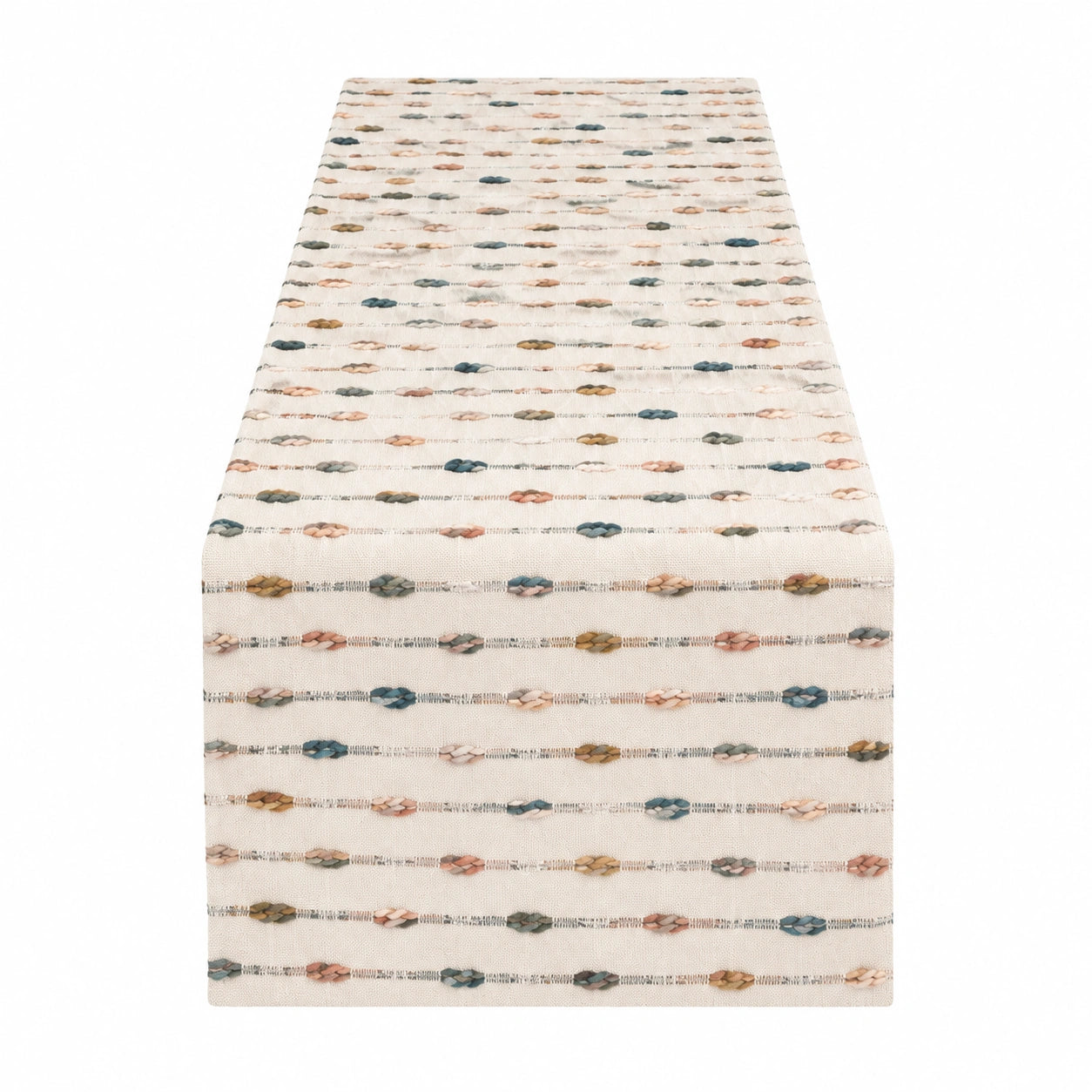Chemin de table 180 x 40 cm en tissu tissé écru à motifs tressés multicolores