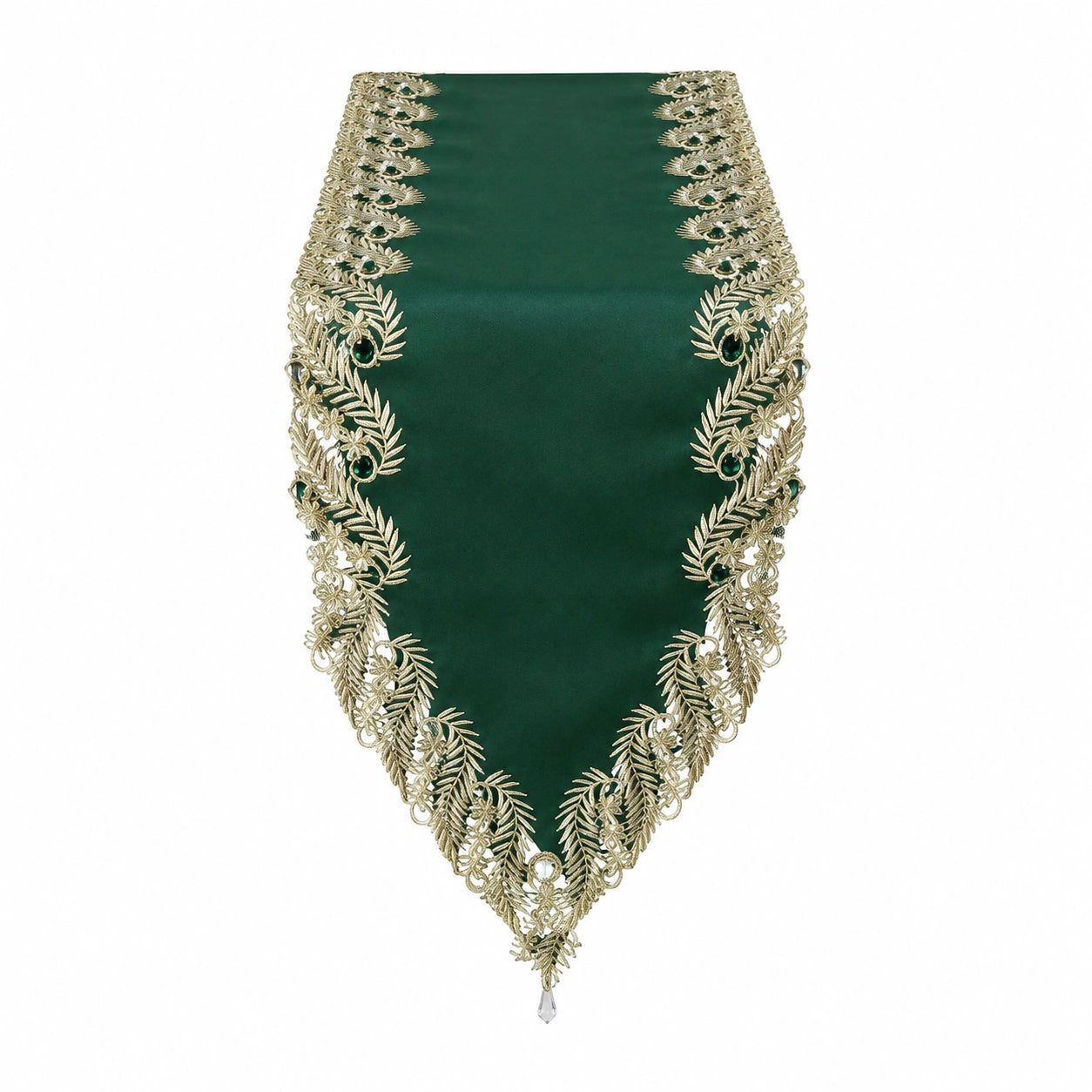 Chemin de table 180 x 33 cm textile vert foncé bordure dentelle dorée style floral