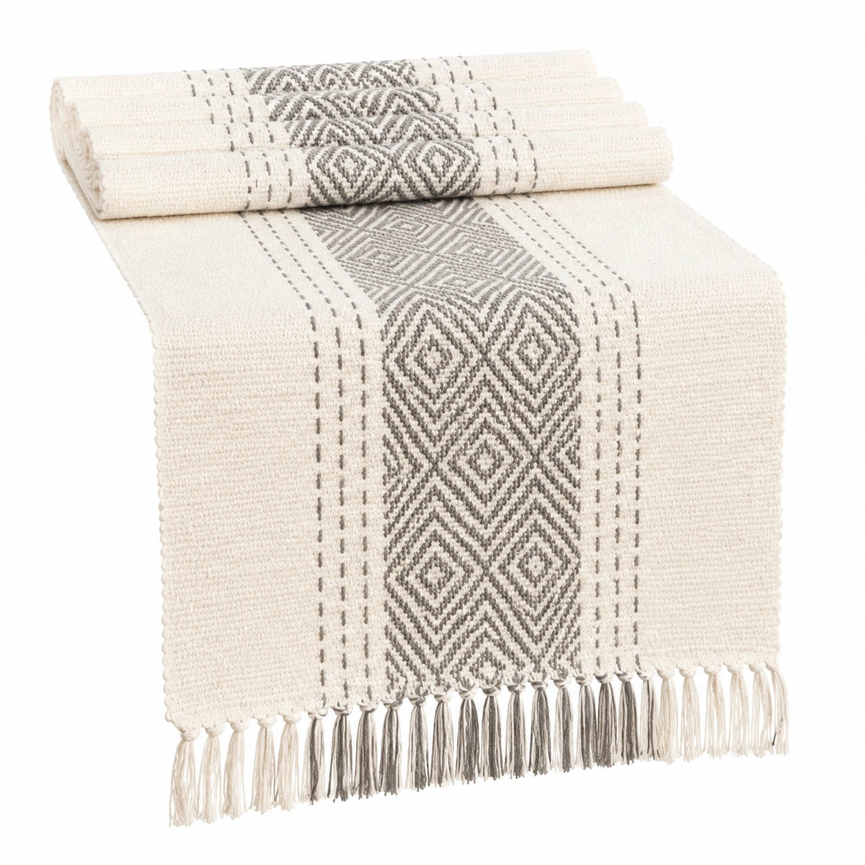 Chemin de table 180 x 35 cm en coton écru et gris à motifs géométriques avec franges