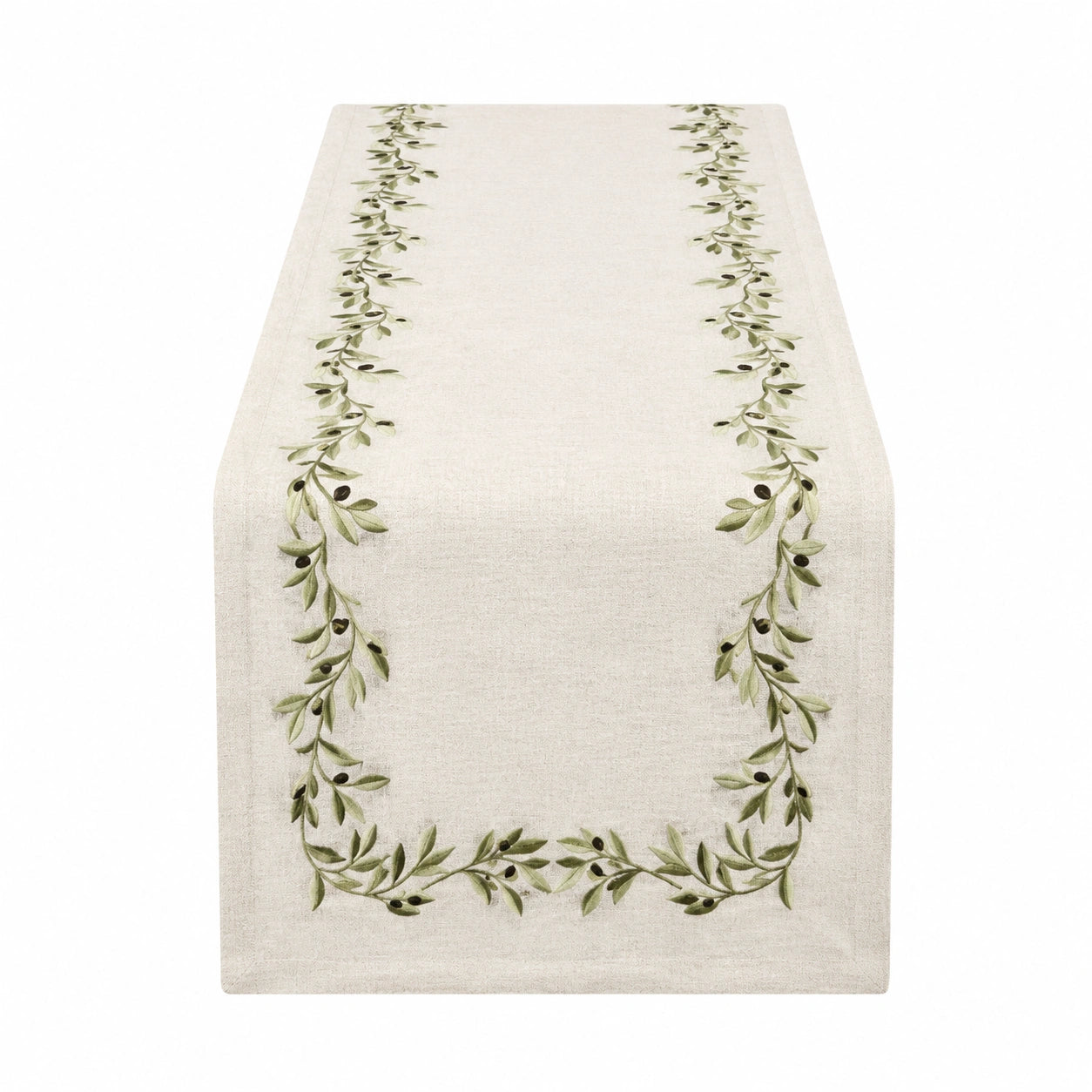 Chemin de table 180 x 40 cm en tissu écru à motif branches d'olivier style végétal
