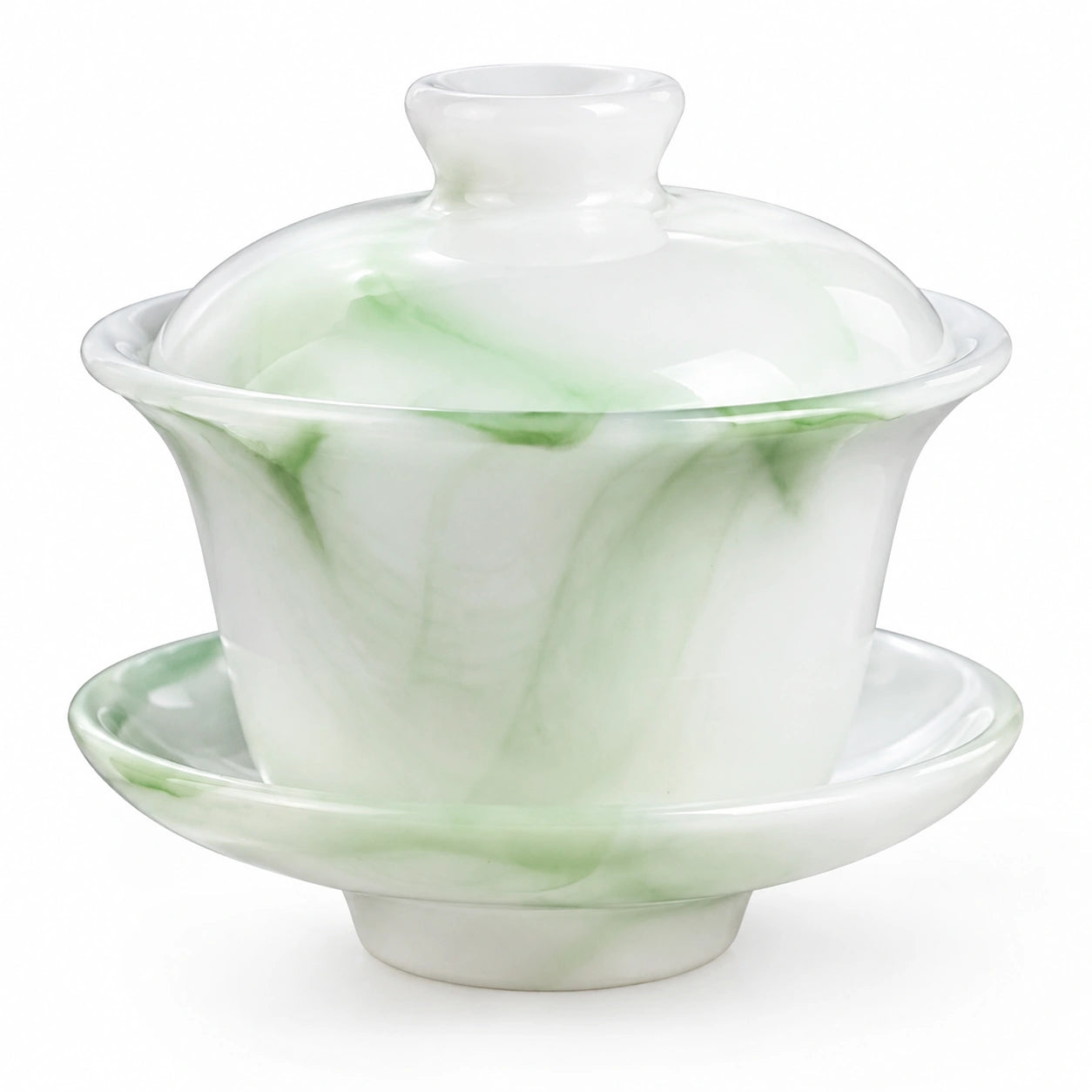 Service à thé gaiwan 180 ml en porcelaine blanc/vert avec soucoupe et couvercle style marbré