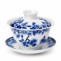 Gaiwan en porcelaine 150 ml bleu et blanc à motif floral avec couvercle et soucoupe
