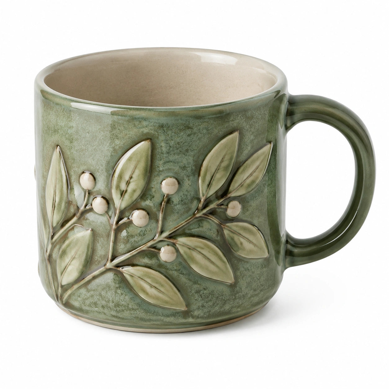 Mug 400 ml en céramique vert motif végétal avec anse style naturel