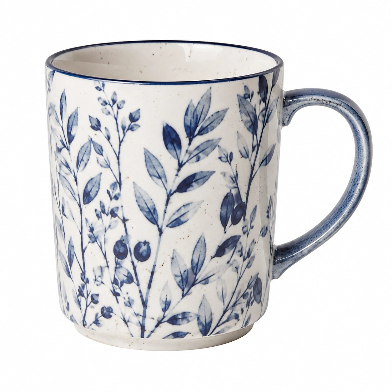 Mug 350 ml en céramique blanc cassé et bleu à motif végétal avec anse