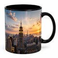 Tasse en céramique 325 ml noire décor skyline urbain au coucher du soleil avec anse