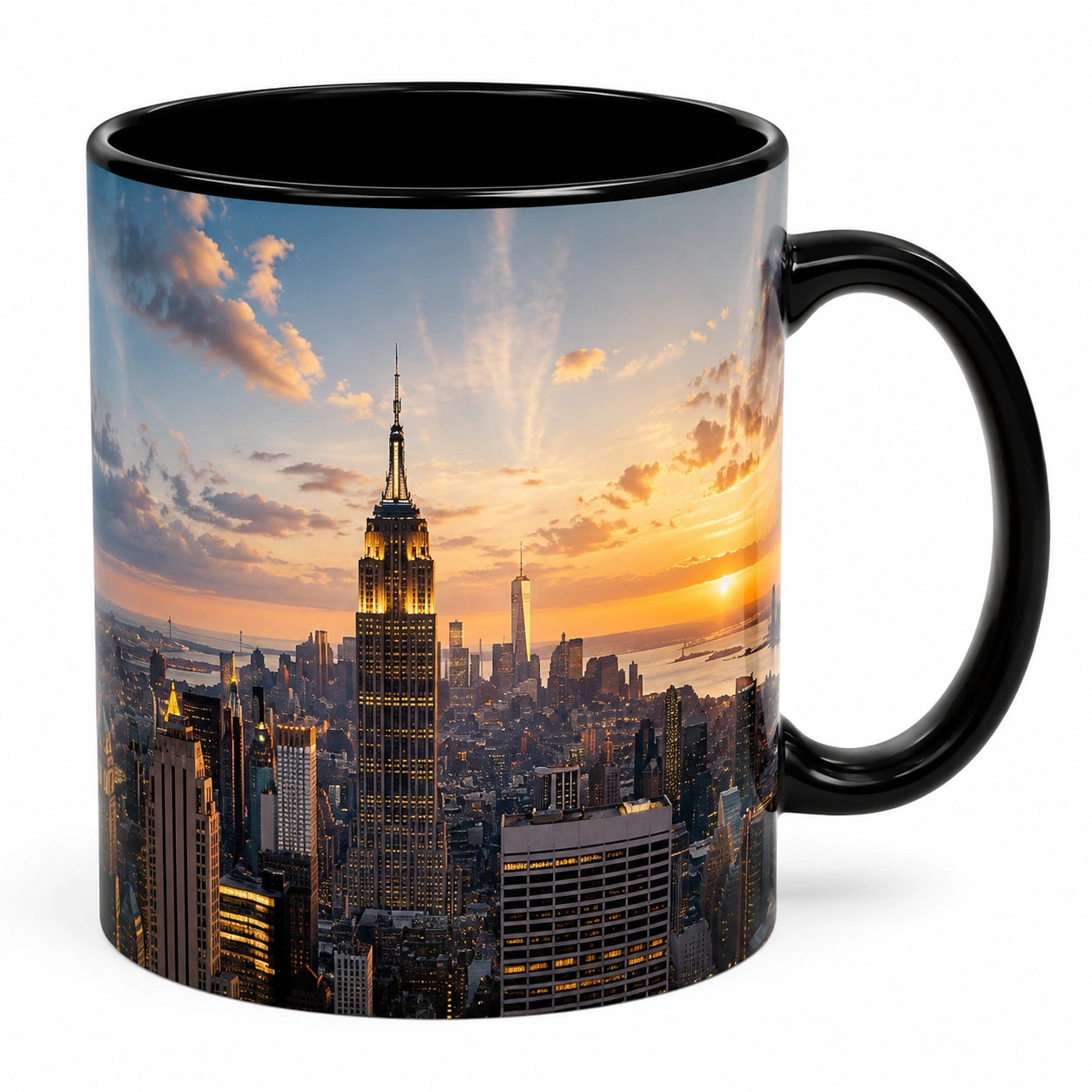 Tasse en céramique 325 ml noire décor skyline urbain au coucher du soleil avec anse