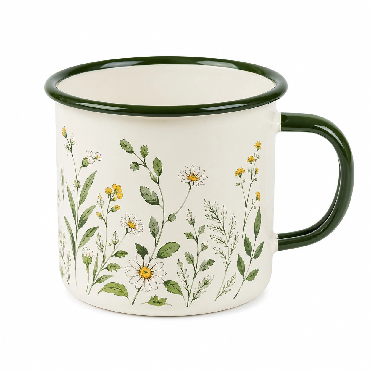 Mug 350 ml en métal émaillé blanc et vert à motif floral pour boissons chaudes