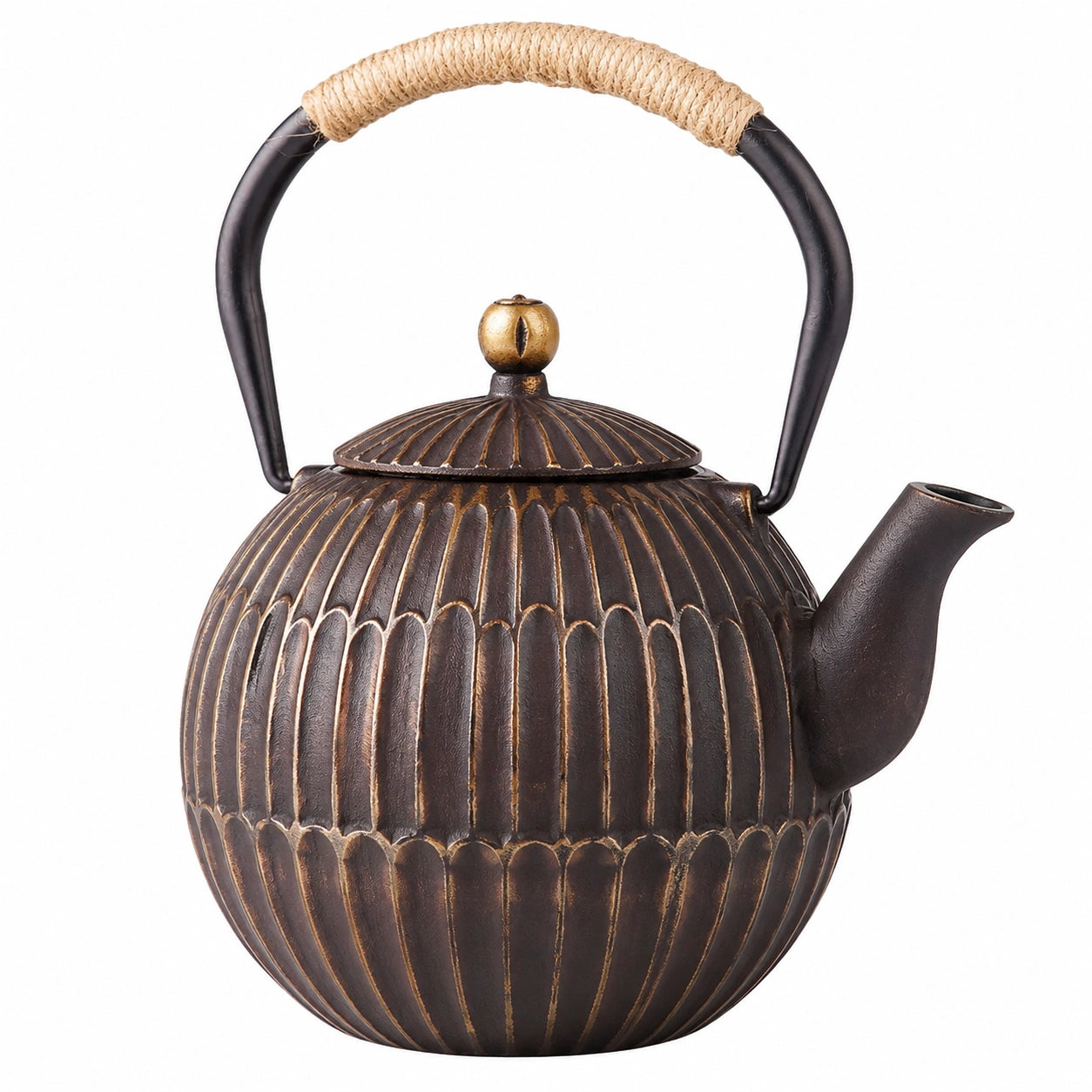 Théière en fonte 1.20 L brun foncé avec poignée en corde style traditionnel